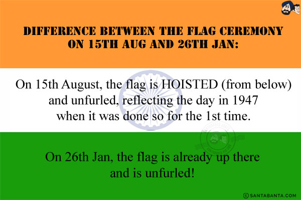 Difference between the flag ceremony on 15th Aug and 26th Jan:<br/>
On 15th August, the flag is HOISTED (from below) and unfurled, reflecting the day in 1947 when it was done so for the 1st time.<br/>
On 26th Jan, the flag is already up there and is unfurled!