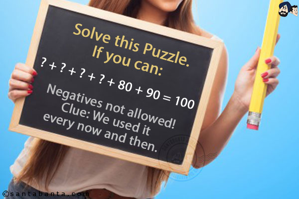 Solve this Puzzle.<br/>
If you can:<br/>

? + ? + ? + ? + 80 + 90 = 100<br/>
Negatives not allowed!<br/>

<b>Clue:</b> We used it every now and then. 