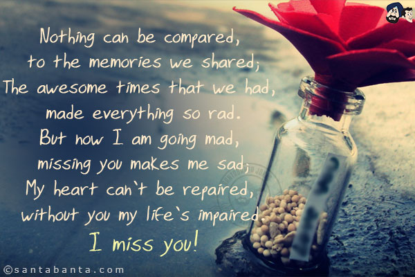 Nothing can be compared, to the memories we shared;<br/>
The awesome times that we had, made everything so rad.<br/>
But now I am going mad, missing you makes me sad;<br/>
My heart can't be repaired, without you my life's impaired.<br/>
I miss you!