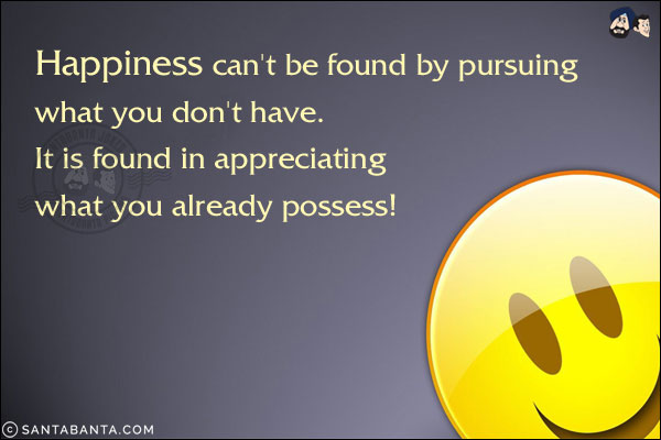 Happiness can't be found by pursuing what you don't have. It is found in appreciating what you already possess!