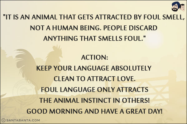 `It is an animal that gets attracted by foul smell, not a human being. People discard anything that smells foul.`<br/><br/>

Action:<br/>
Keep your language absolutely clean to attract love. Foul language only attracts the animal instinct in others!<br/>
Good Morning and have a Great Day!