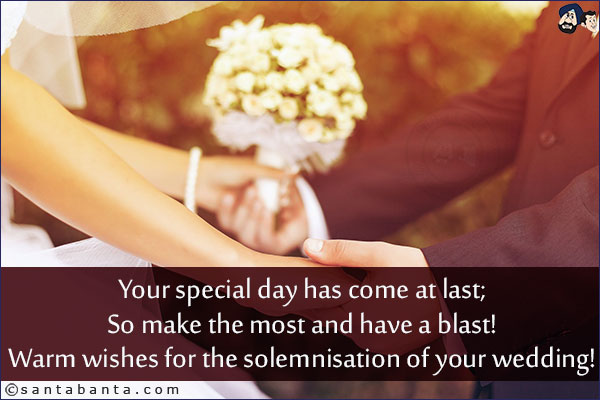 Your special day has come at last;<br/>
So make the most and have a blast!<br/>
Warm wishes for the solemnisation of your wedding!