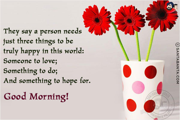 They say a person needs just three things to be truly happy in this world:<br/>
 
Someone to love;<br/>
Something to do;<br/>
And something to hope for.<br/>
Good Morning!