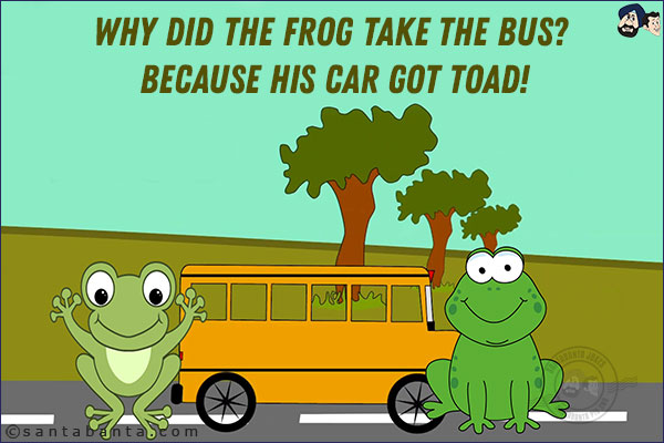 Why did the frog take the bus? <br/>
Because his car got toad!