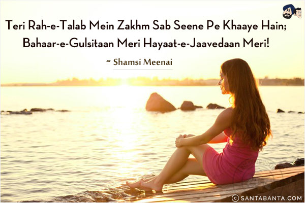 Teri Rah-e-Talab Mein Zakhm Sab Seene Pe Khaaye Hain;<br/>
Bahaar-e-Gulsitaan Meri Hayaat-e-Jaavedaan Meri!