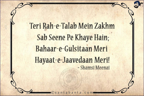 Teri Rah-e-Talab Mein Zakhm Sab Seene Pe Khaaye Hain;<br/>
Bahaar-e-Gulsitaan Meri Hayaat-e-Jaavedaan Meri!<br/><br/>
Raah-e-talab: The path of desire<br/>
Bahaar-e-gulsitaan: Spring season of the garden<br/>
Hayaat-e-Jaavedaan: Spouse