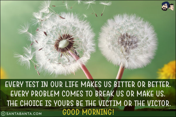 Every test in our life makes us bitter or better. Every problem comes to break us or make us. The choice is yours be the victim or the victor.<br/>
Good Morning!