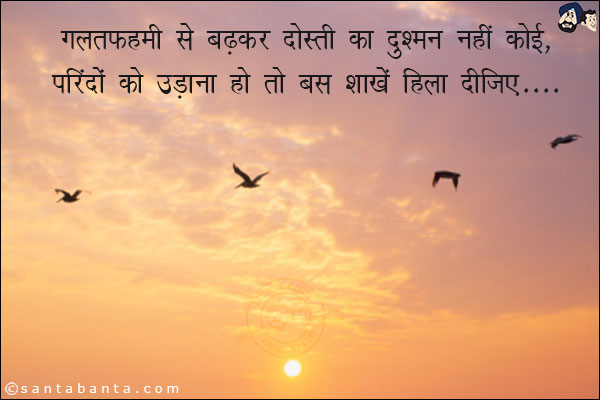 गलतफहमी से बढ़कर दोस्ती का दुश्मन नहीं कोई,<br/>
परिंदों को उड़ाना हो तो बस शाख़ें हिला दीजिए!