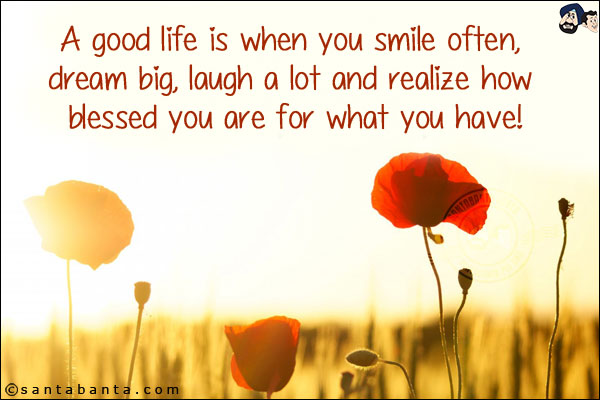 A good life is when you smile often, dream big, laugh a lot and realize how blessed you are for what you have!