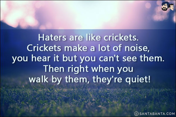 Haters are like crickets. Crickets make a lot of noise, you hear it but you can't see them. Then right when you walk by them, they're quiet!