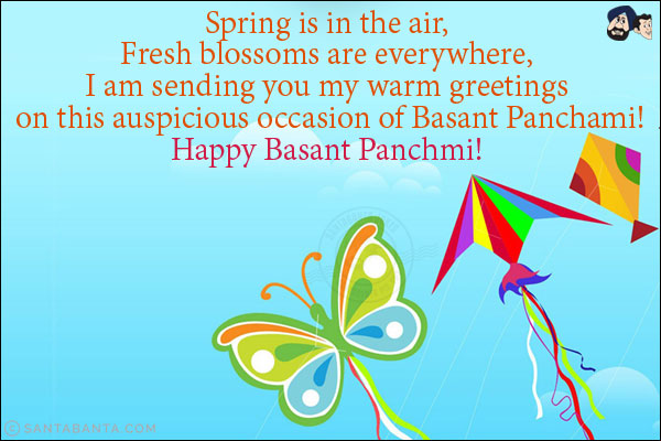 Spring is in the air,<br/>
Fresh blossoms are everywhere,<br/>
I am sending you my warm greetings on this auspicious occasion of Basant Panchami!<br/>
Happy Basant Panchmi!