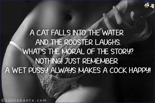 A cat falls into the water and the rooster laughs.<br/>
What's the moral of the story?<br/>
Nothing! Just remember a wet pussy always makes a cock happy!