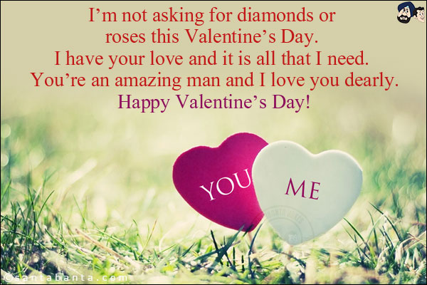 I'm not asking for diamonds or roses this Valentine's Day. I have your love and it is all that I need. You're an amazing man and I love you dearly.<br/>

Happy Valentine's Day!