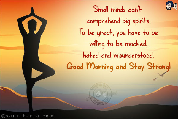 Small minds can't comprehend big spirits.<br/>
To be great, you have to be willing to be mocked, hated and misunderstood.<br/>
Good Morning and Stay Strong!