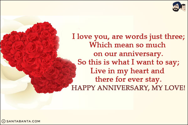 I love you, are words just three;<br/>
Which mean so much on our anniversary.<br/>
So this is what I want to say;<br/>
Live in my heart and there for ever stay.<br/>
Happy Anniversary, My Love!