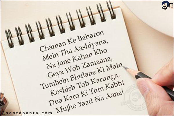 Chaman Ke Baharon Mein Tha Aashiyana,<br/>
Na Jane Kahan Kho Geya Woh Zamaana,<br/>
Tumhein Bhulane Ki Main Koshish Toh Karunga,<br/>
Dua Karo Ki Tum Kabhi Mujhe Yaad Na Aana!