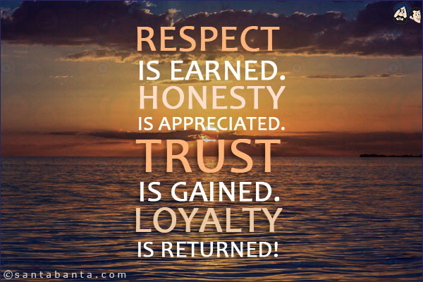 Respect is earned.<br/>
 
Honesty is appreciated.<br/>
 
Trust is gained.<br/>
 
Loyalty is returned!