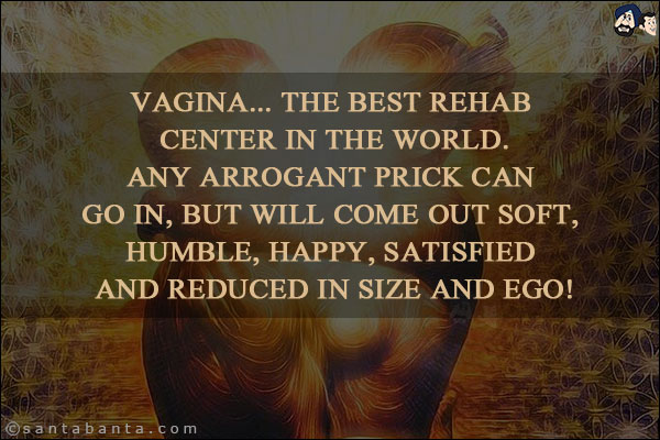 Vagina... The best rehab center in the world.<br/>
Any arrogant prick can go in, but will come out soft, humble, happy, satisfied and reduced in size and ego!