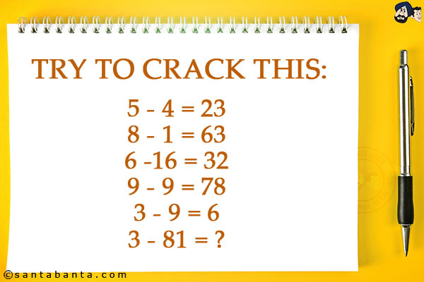 Try to crack this:<br/><br/>

5 - 4 = 23<br/>
8 - 1 = 63<br/>
6 -16 = 32<br/>
9 - 9 = 78<br/>
3 - 9 = 6<br/>
3 - 81 = ?