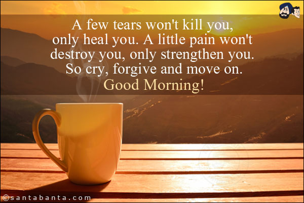 A few tears won't kill you, only heal you. A little pain won't destroy you, only strengthen you. So cry, forgive and move on.<br/>
Good Morning!