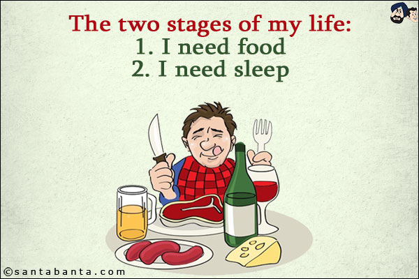 The two stages of my life:<br/>

1. I need food<br/>
2. I need sleep