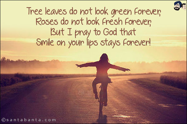 Tree leaves do not look green forever,<br/>
Roses do not look fresh forever,<br/>
But I pray to God that,<br/>
Smile on your lips stays forever!