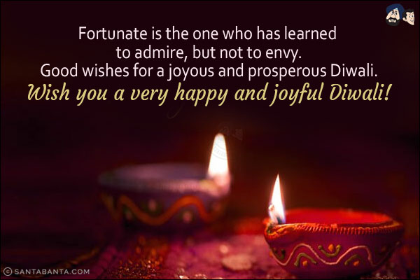 Fortunate is the one who has learned to admire, but not to envy.<br/>
Good wishes for a joyous and prosperous Diwali.<br/>
Wish you a very happy and joyful Diwali!