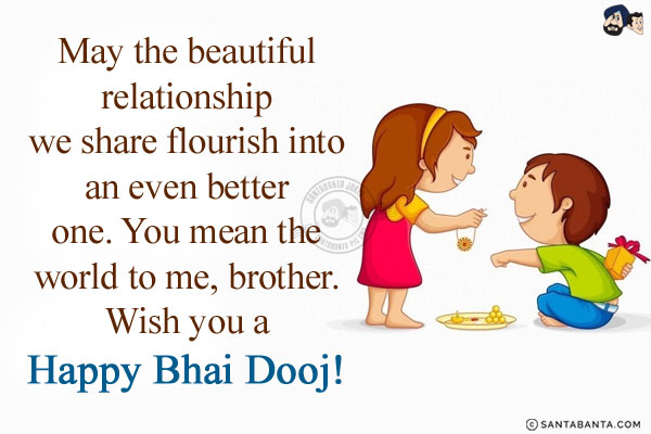 May the beautiful relationship we share flourish into an even better one. You mean the world to me, brother.<br/>
Wish you a Happy Bhai Dooj!