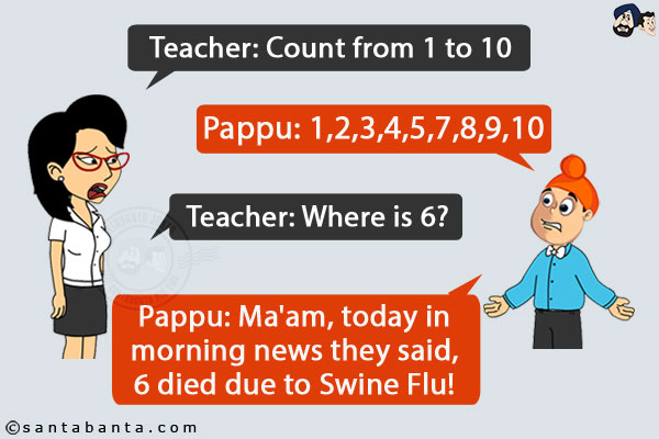 Teacher: Count from 1 to 10<br/>
Pappu: 1,2,3,4,5,7,8,9,10<br/>
Teacher: Where is 6?<br/>
Pappu: Ma'am, today in morning news they said, 6 died due to Swine Flu!