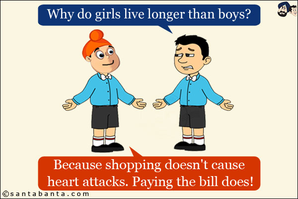 Bunty: Why do girls live longer than boys?<br/>
Pappu: Because shopping doesn't cause heart attacks. Paying the bill does!