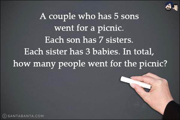 A couple who has 5 sons went for a picnic. Each son has 7 sisters. Each sister has 3 babies. In total, how many people went for the picnic?