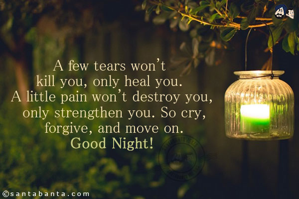 A few tears won't kill you, only heal you. A little pain won't destroy you, only strengthen you. So cry, forgive, and move on.<br/>
Good Night!