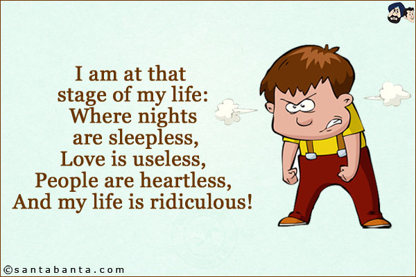 I am at that stage of my life:<br/>
Where nights are sleepless,<br/>
Love is useless,<br/>
People are heartless,<br/>
And my life is ridiculous!