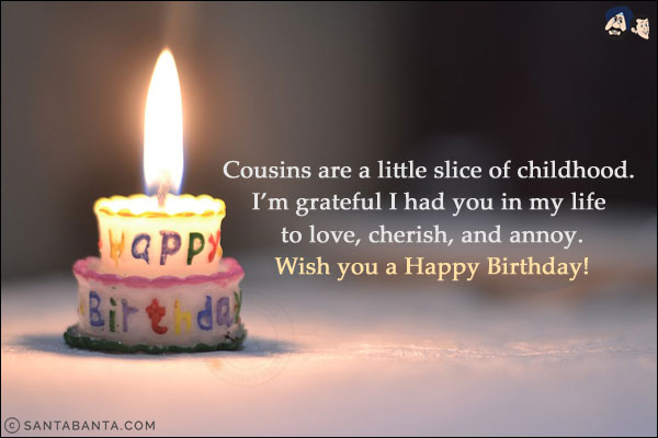 Cousins are a little slice of childhood. I'm grateful I had you in my life to love, cherish, and annoy.<br/>
Wish you a Happy Birthday!