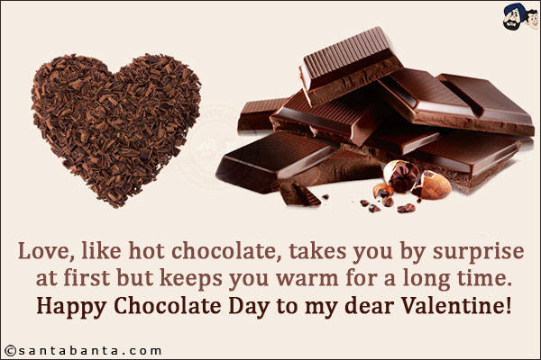 Love, like hot chocolate, takes you by surprise at first but keeps you warm for a long time.<br/>
Happy Chocolate Day to my dear Valentine!