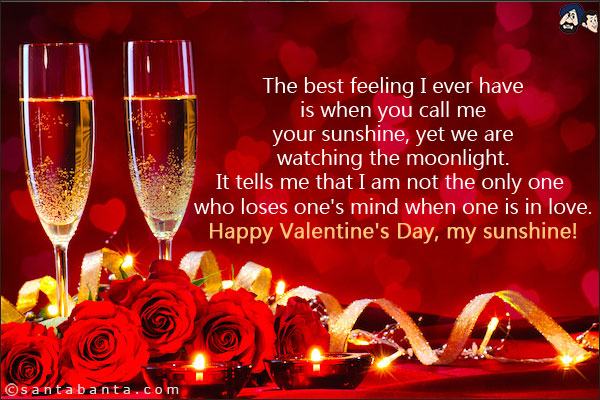 The best feeling I ever have is when you call me your sunshine, yet we are watching the moonlight. It tells me that I am not the only one who loses one's mind when one is in love.<br/>
Happy Valentine's Day, my sunshine!