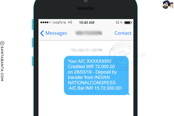 Your A/C XXXXX9565 Credited INR 72,000.00 on 28/03/19 - Deposit by transfer from INDIAN NATIONAL CONGRESS. A/C Bal INR 15,72,000.00!