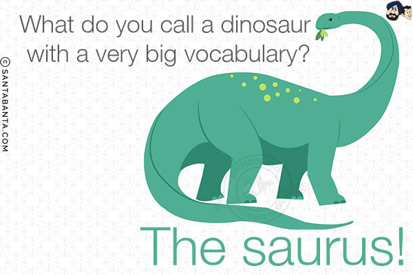 What do you call a dinosaur with a very big vocabulary?<br/>
The saurus!