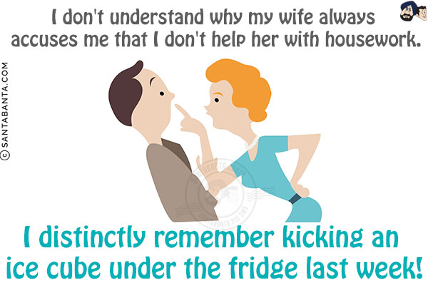 I don't understand why my wife always accuses me that I don't help her with housework.<br/>
I distinctly remember kicking an ice cube under the fridge last week!