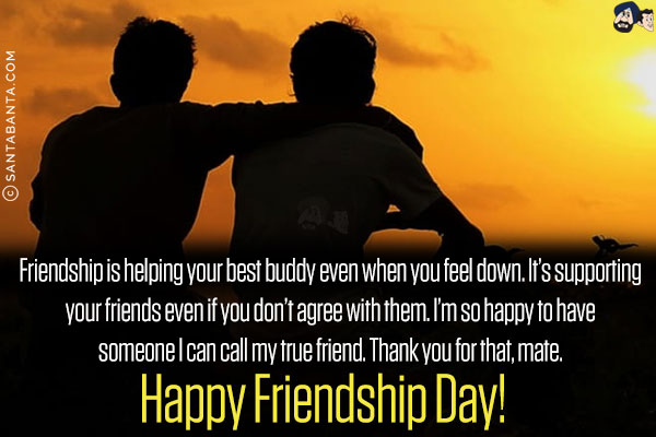 Friendship is helping your best buddy even when you feel down. It's supporting your friends even if you don't agree with them. I'm so happy to have someone I can call my true friend. Thank you for that, mate.<br/>
Happy Friendship Day!