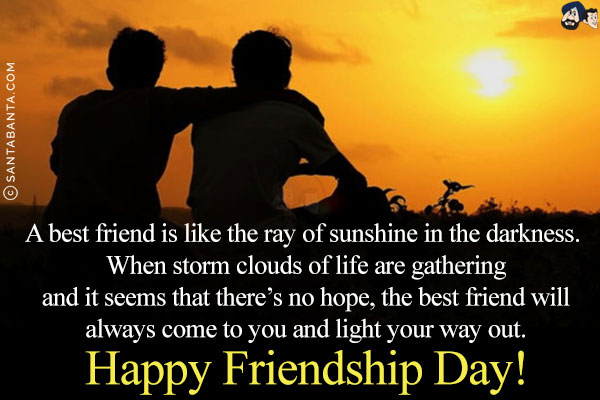 A best friend is like the ray of sunshine in the darkness. When storm clouds of life are gathering and it seems that there's no hope, the best friend will always come to you and light your way out.<br/>
Happy Friendship Day!