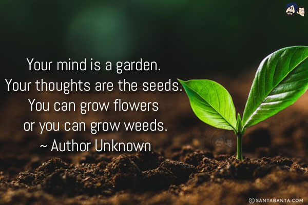 Your mind is a garden. Your thoughts are the seeds. You can grow flowers or you can grow weeds.