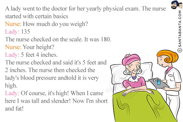 A lady went to the doctor for her yearly physical exam. The nurse started with certain basics<br/>
Nurse: How much do you weigh?<br/>
Lady: 135<br/>
The nurse checked on the scale. It was 180.<br/>
Nurse: Your height?<br/>
Lady: 5 feet 4 inches.<br/>
The nurse checked and said it's 5 feet and 2 inches. The nurse then checked the lady's blood pressure and told it is very high.<br/>
Lady: Of course, it's high! When I came here I was tall and slender! Now I'm short and fat!