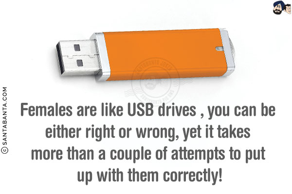 Females are like USB drives, you can be either right or wrong, yet it takes more than a couple of attempts to put up with them correctly!