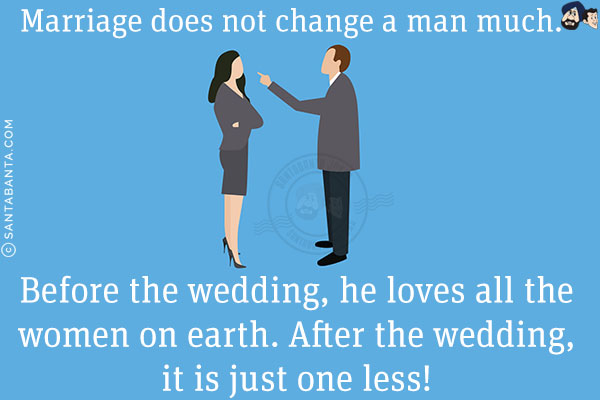 Marriage does not change a man much.<br/>
Before the wedding, he loves all the women on earth. After the wedding, it is just one less!