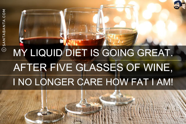 My liquid diet is going great. After five glasses of wine, I no longer care how fat I am!