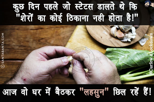 कुछ दिन पहले जो स्टेटस डालते थे कि `शेरों का कोई ठिकाना नही होता है!`<br/>

आज वो घर में बैठकर `लहसुन` छिल रहें हैं!