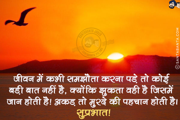 जीवन में कभी समझौता करना पड़े तो कोई बड़ी बात नहीं है, क्योंकि झुकता वही है जिसमें जान होती है!<br/>
अकड़ तो मुरदे की पहचान होती है।<br/>
सुप्रभात!