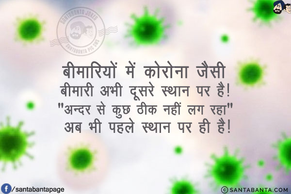 बीमारियों में कोरोना जैसी बीमारी अभी दूसरे स्थान पर है!<br/>
`अन्दर से कुछ ठीक नहीं लग रहा` अब भी पहले स्थान पर ही है!