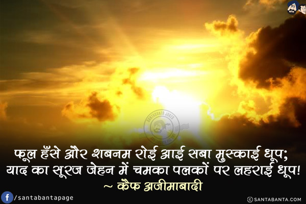 फूल हँसे और शबनम रोई आई सबा मुस्काई धूप; <br/>
याद का सूरज ज़ेहन में चमका पलकों पर लहराई धूप!